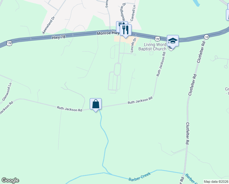 map of restaurants, bars, coffee shops, grocery stores, and more near 2360 Eisenhower Avenue in Watkinsville