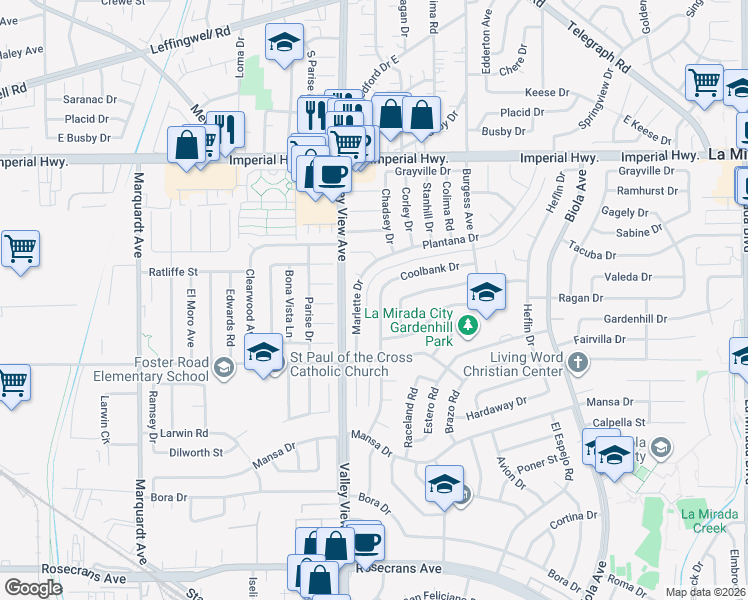 map of restaurants, bars, coffee shops, grocery stores, and more near 13121 De Alcala Drive in La Mirada