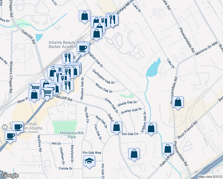 map of restaurants, bars, coffee shops, grocery stores, and more near 3240 Moss Oak Drive in Doraville