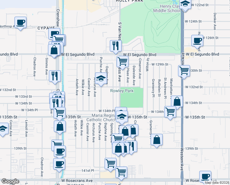map of restaurants, bars, coffee shops, grocery stores, and more near 13212 Spinning Avenue in Gardena