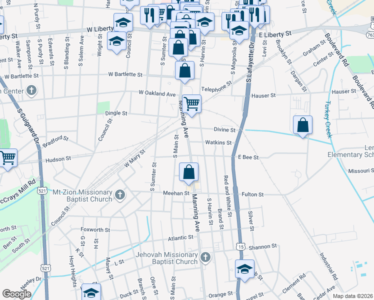map of restaurants, bars, coffee shops, grocery stores, and more near 242 Manning Avenue in Sumter