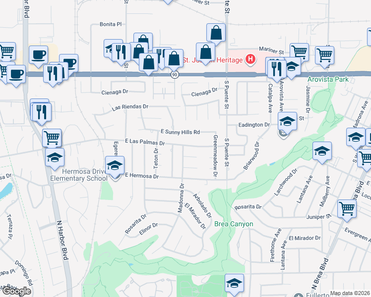 map of restaurants, bars, coffee shops, grocery stores, and more near 700 East Las Palmas Drive in Fullerton