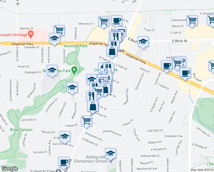 map of restaurants, bars, coffee shops, grocery stores, and more near 544 South Brea Boulevard in Brea