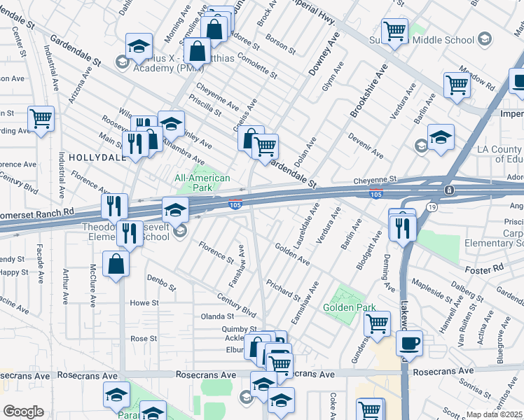 map of restaurants, bars, coffee shops, grocery stores, and more near 8314 South Somerset Ranch Road in Paramount