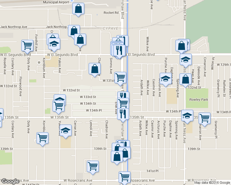 map of restaurants, bars, coffee shops, grocery stores, and more near 13207 Eriel Avenue in Hawthorne