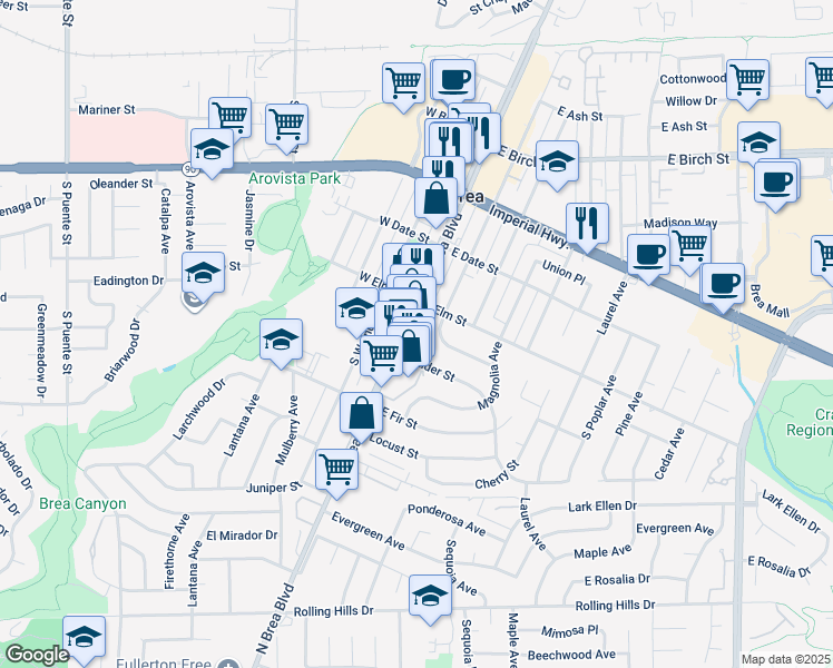 map of restaurants, bars, coffee shops, grocery stores, and more near 576 South Brea Boulevard in Brea