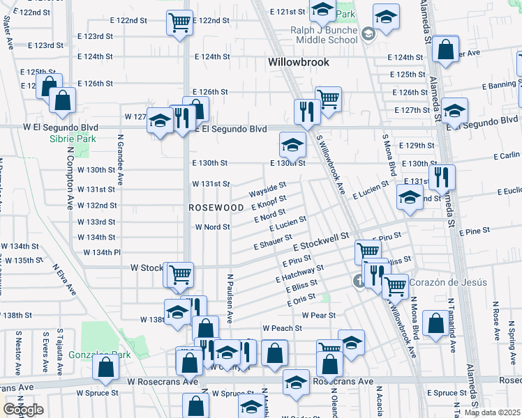 map of restaurants, bars, coffee shops, grocery stores, and more near 2056 East Knopf Street in Compton