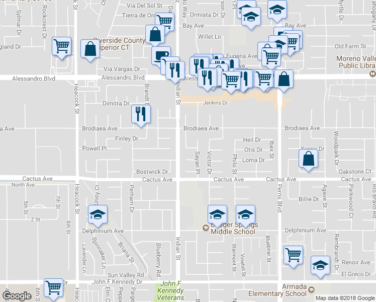 map of restaurants, bars, coffee shops, grocery stores, and more near 14343 Homestead Drive in Moreno Valley
