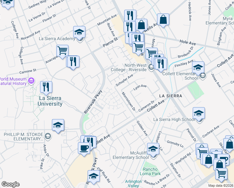 map of restaurants, bars, coffee shops, grocery stores, and more near 11305 River Knoll Drive in Riverside