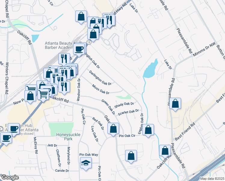map of restaurants, bars, coffee shops, grocery stores, and more near 3240 Moss Oak Drive in Doraville