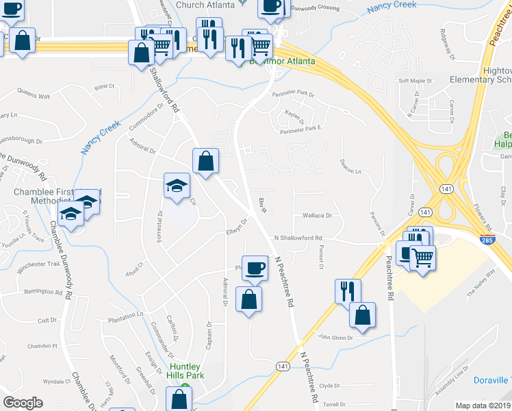 map of restaurants, bars, coffee shops, grocery stores, and more near 4046 Elm Street in Chamblee