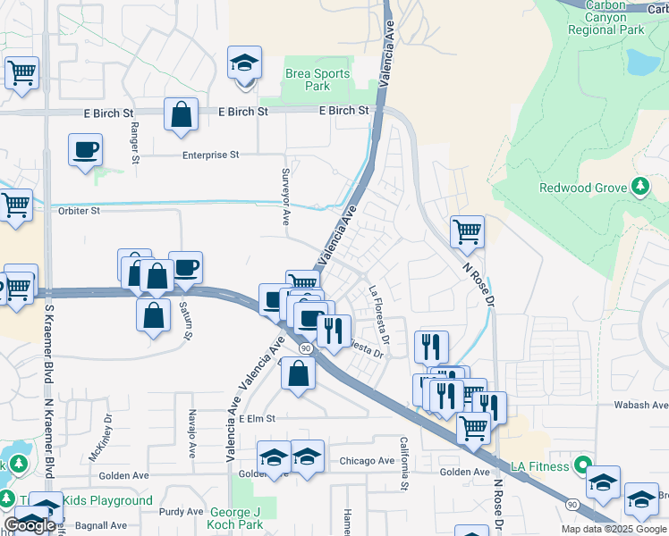 map of restaurants, bars, coffee shops, grocery stores, and more near 405 Mallorca Lane in Brea