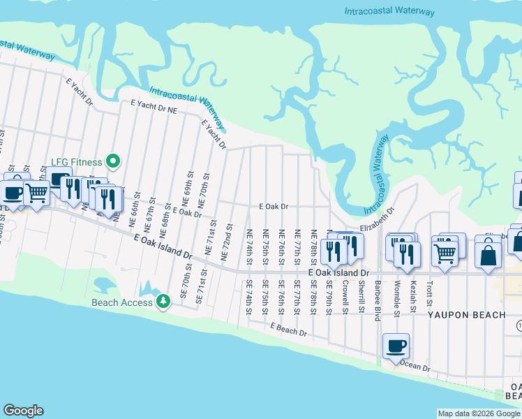 map of restaurants, bars, coffee shops, grocery stores, and more near 147 Northeast 75th Street in Oak Island