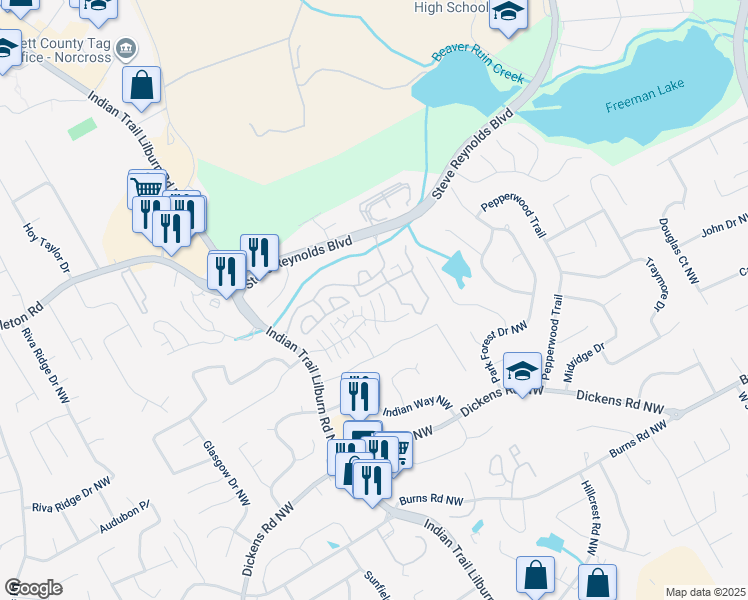 map of restaurants, bars, coffee shops, grocery stores, and more near 1097 Dover Way in Norcross