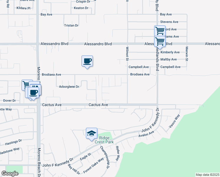 map of restaurants, bars, coffee shops, grocery stores, and more near 28611 Yarow Way in Moreno Valley