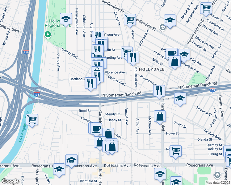 map of restaurants, bars, coffee shops, grocery stores, and more near 13754 Fairlock Avenue in Paramount