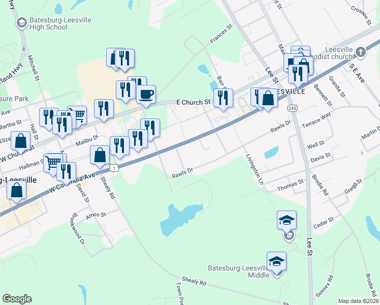 map of restaurants, bars, coffee shops, grocery stores, and more near 220 East Columbia Avenue in Batesburg-Leesville