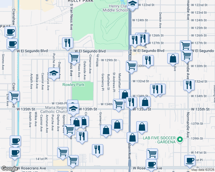 map of restaurants, bars, coffee shops, grocery stores, and more near 13215 Ruthelen Street in Gardena
