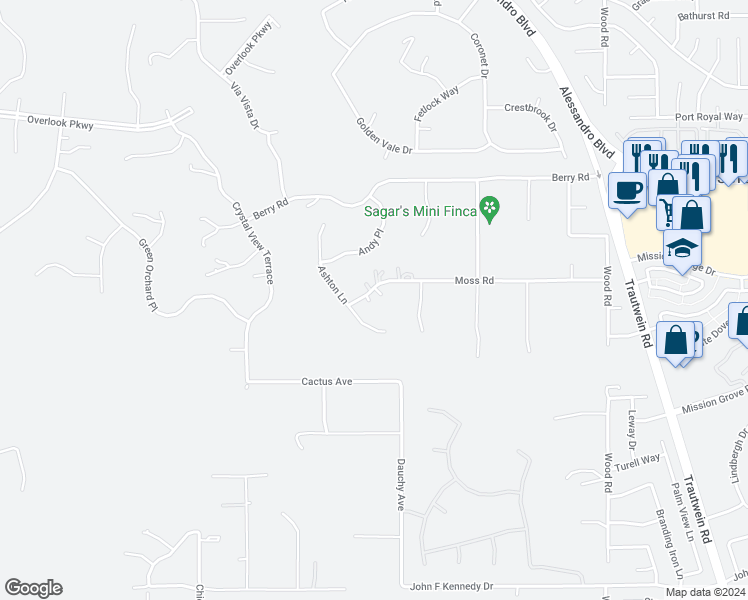 map of restaurants, bars, coffee shops, grocery stores, and more near 18385 Moss Road in Riverside