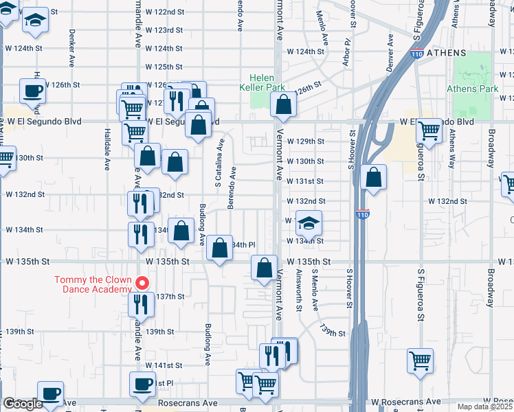 map of restaurants, bars, coffee shops, grocery stores, and more near 1031 West 133rd Street in Gardena
