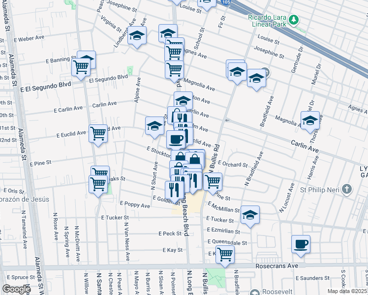 map of restaurants, bars, coffee shops, grocery stores, and more near 12622 Long Beach Boulevard in Lynwood