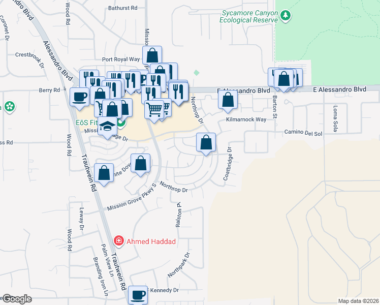 map of restaurants, bars, coffee shops, grocery stores, and more near 19568 Botany Bay Road in Riverside
