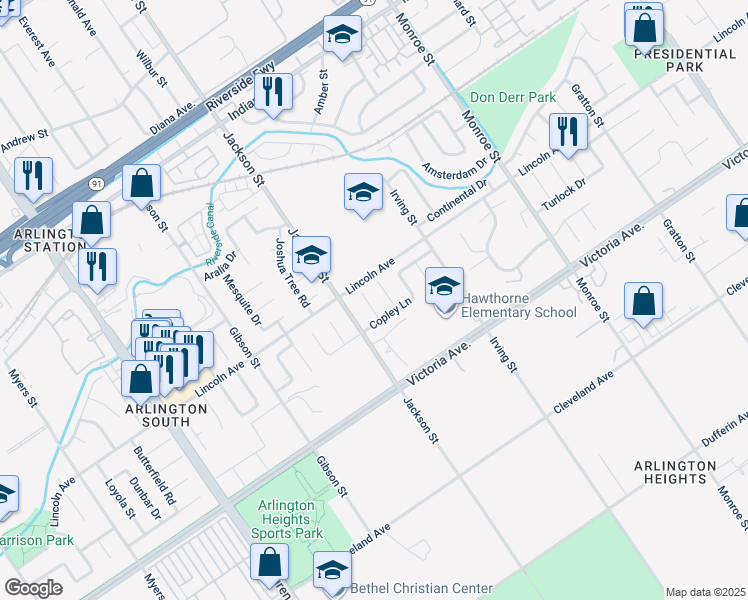 map of restaurants, bars, coffee shops, grocery stores, and more near 2865 Roncador Place in Riverside
