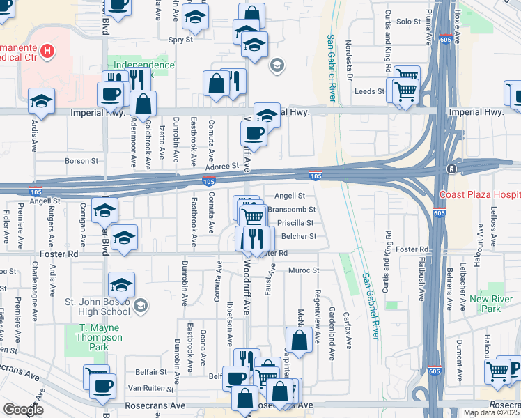 map of restaurants, bars, coffee shops, grocery stores, and more near 13121 Faust Avenue in Downey