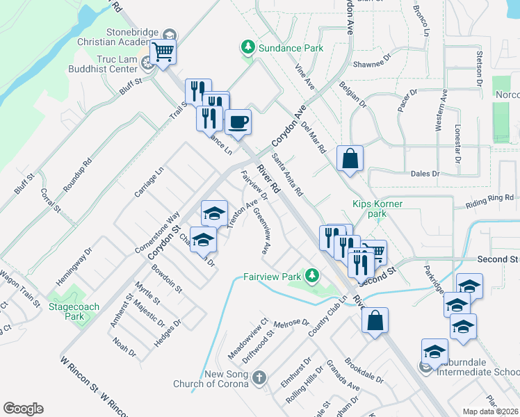 map of restaurants, bars, coffee shops, grocery stores, and more near 1791 Greenview Avenue in Corona