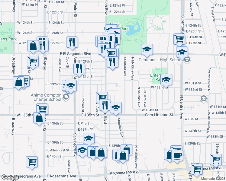 map of restaurants, bars, coffee shops, grocery stores, and more near 13224 Avalon Boulevard in Los Angeles