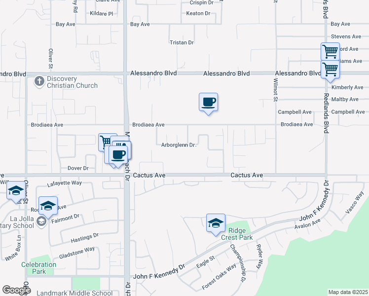 map of restaurants, bars, coffee shops, grocery stores, and more near 28289 Arborglenn Drive in Moreno Valley