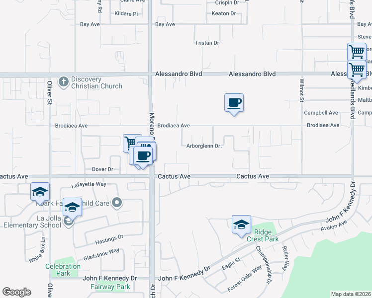 map of restaurants, bars, coffee shops, grocery stores, and more near 28179 Arborglenn Drive in Moreno Valley