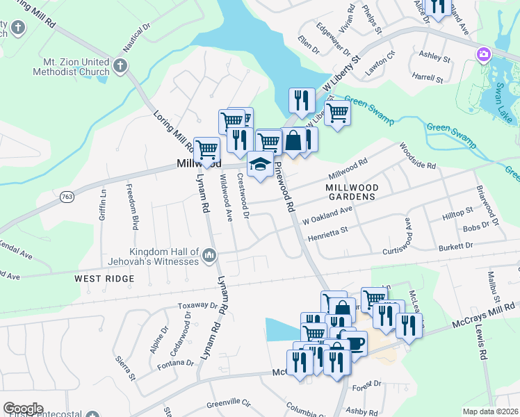 map of restaurants, bars, coffee shops, grocery stores, and more near 45 Westwood Drive in Sumter
