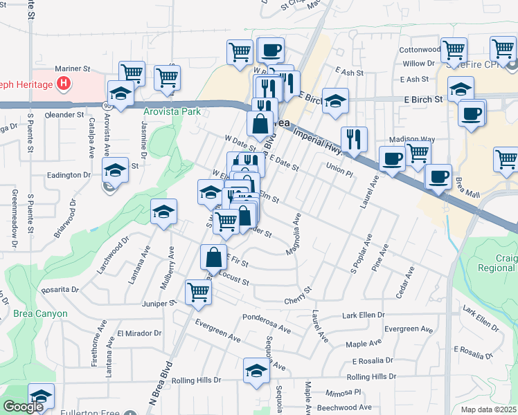 map of restaurants, bars, coffee shops, grocery stores, and more near 521 South Orange Avenue in Brea