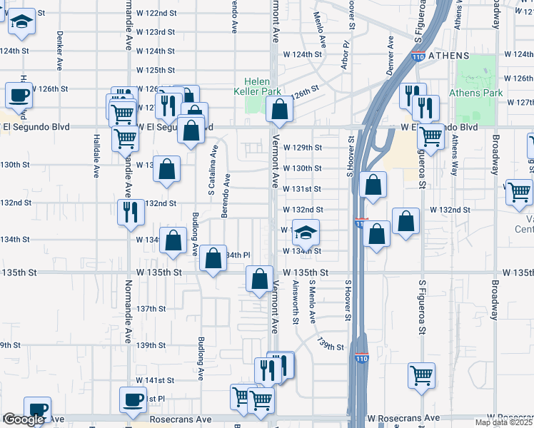 map of restaurants, bars, coffee shops, grocery stores, and more near 1003 West 133rd Street in Gardena