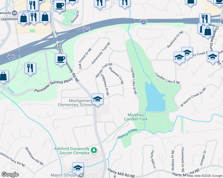 map of restaurants, bars, coffee shops, grocery stores, and more near 1427 Iroquois Path Northeast in Atlanta
