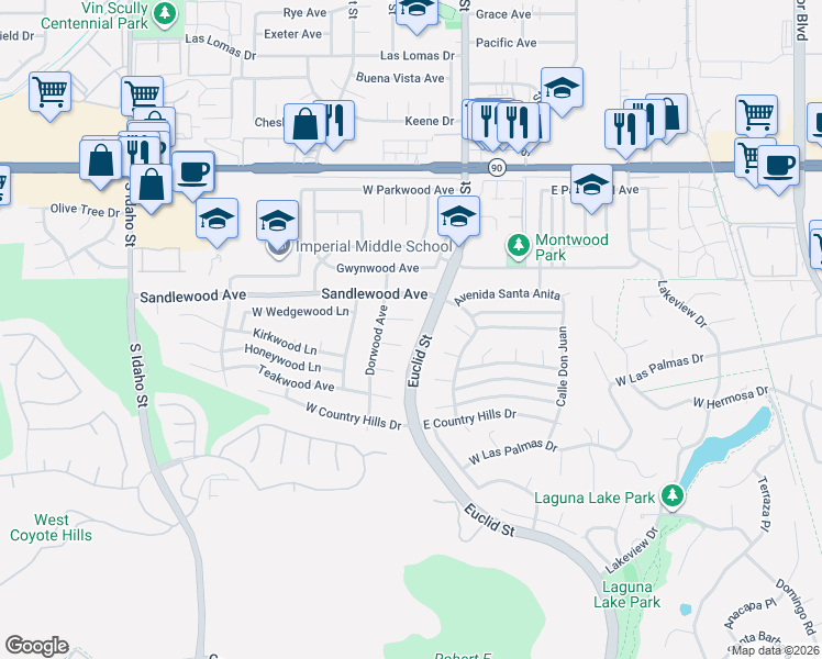 map of restaurants, bars, coffee shops, grocery stores, and more near 240 West Wedgewood Lane in La Habra