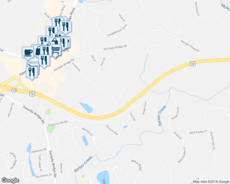 map of restaurants, bars, coffee shops, grocery stores, and more near 1321 Dowdy Road in Athens