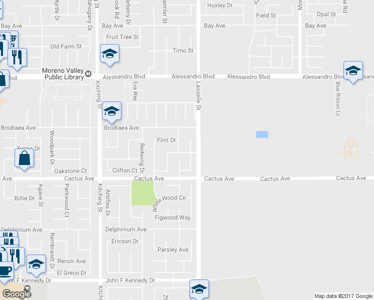 map of restaurants, bars, coffee shops, grocery stores, and more near 14371 Janie Court in Moreno Valley