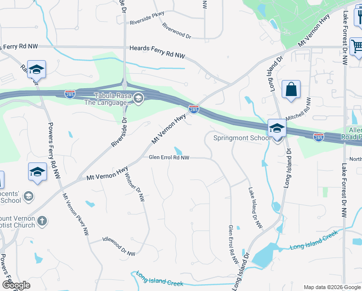 map of restaurants, bars, coffee shops, grocery stores, and more near 5695 Glen Errol Road Northwest in Sandy Springs
