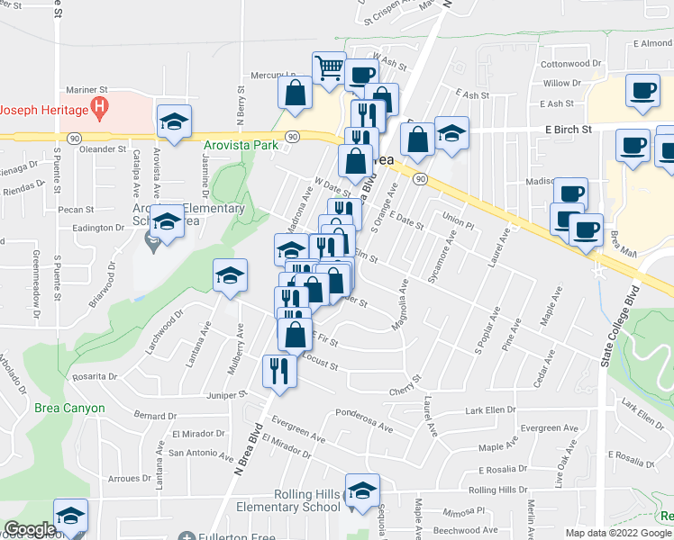 map of restaurants, bars, coffee shops, grocery stores, and more near 536 South Brea Boulevard in Brea