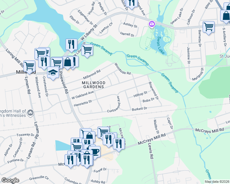 map of restaurants, bars, coffee shops, grocery stores, and more near 1 Henrietta Street in Sumter