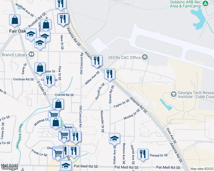 map of restaurants, bars, coffee shops, grocery stores, and more near 1678 Aircraft Drive Southeast in Marietta