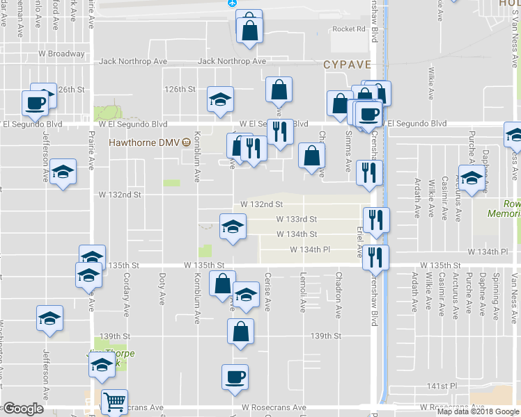 map of restaurants, bars, coffee shops, grocery stores, and more near 3512 West 132nd Street in Hawthorne