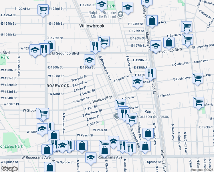 map of restaurants, bars, coffee shops, grocery stores, and more near 2270 East Lucien Street in Compton