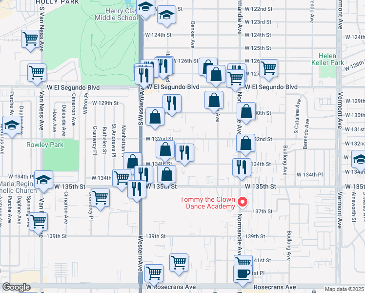 map of restaurants, bars, coffee shops, grocery stores, and more near 1618 West 132nd Street in Gardena