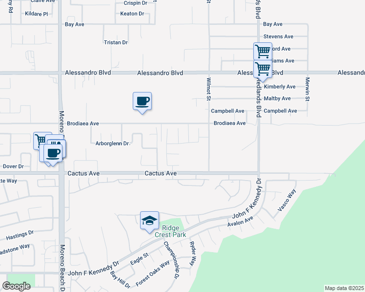 map of restaurants, bars, coffee shops, grocery stores, and more near 28611 Yarow Way in Moreno Valley