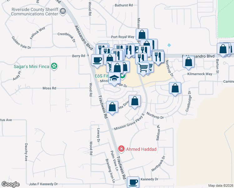 map of restaurants, bars, coffee shops, grocery stores, and more near 19199 Vintage Woods Drive in Riverside