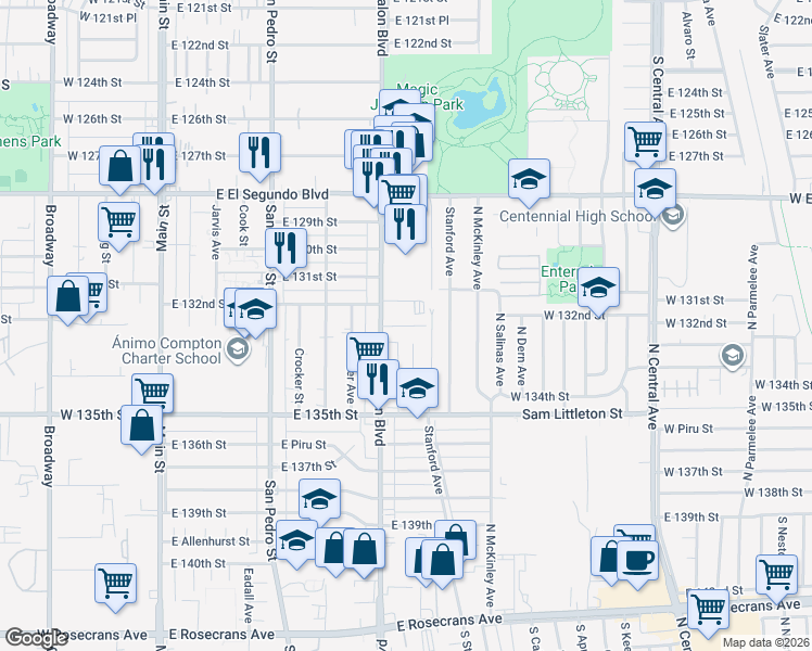 map of restaurants, bars, coffee shops, grocery stores, and more near 13232 South Avalon Boulevard in Los Angeles