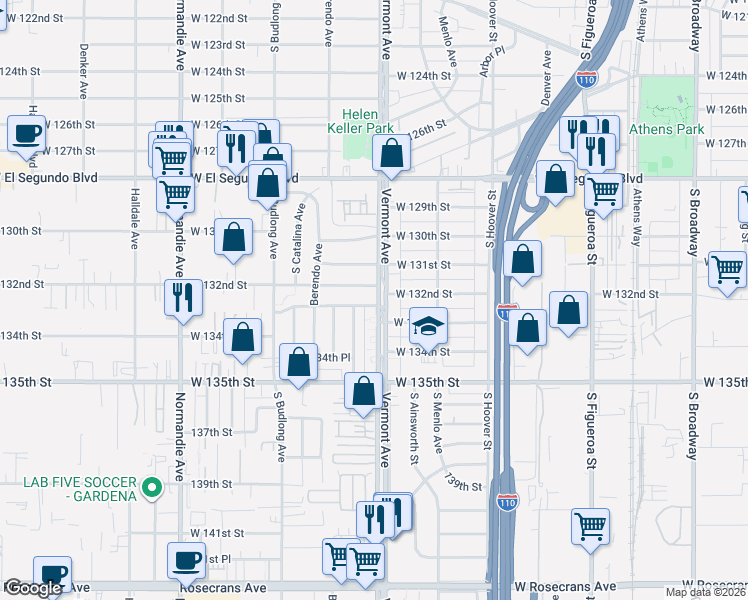 map of restaurants, bars, coffee shops, grocery stores, and more near 13206 Vermont Avenue in Gardena